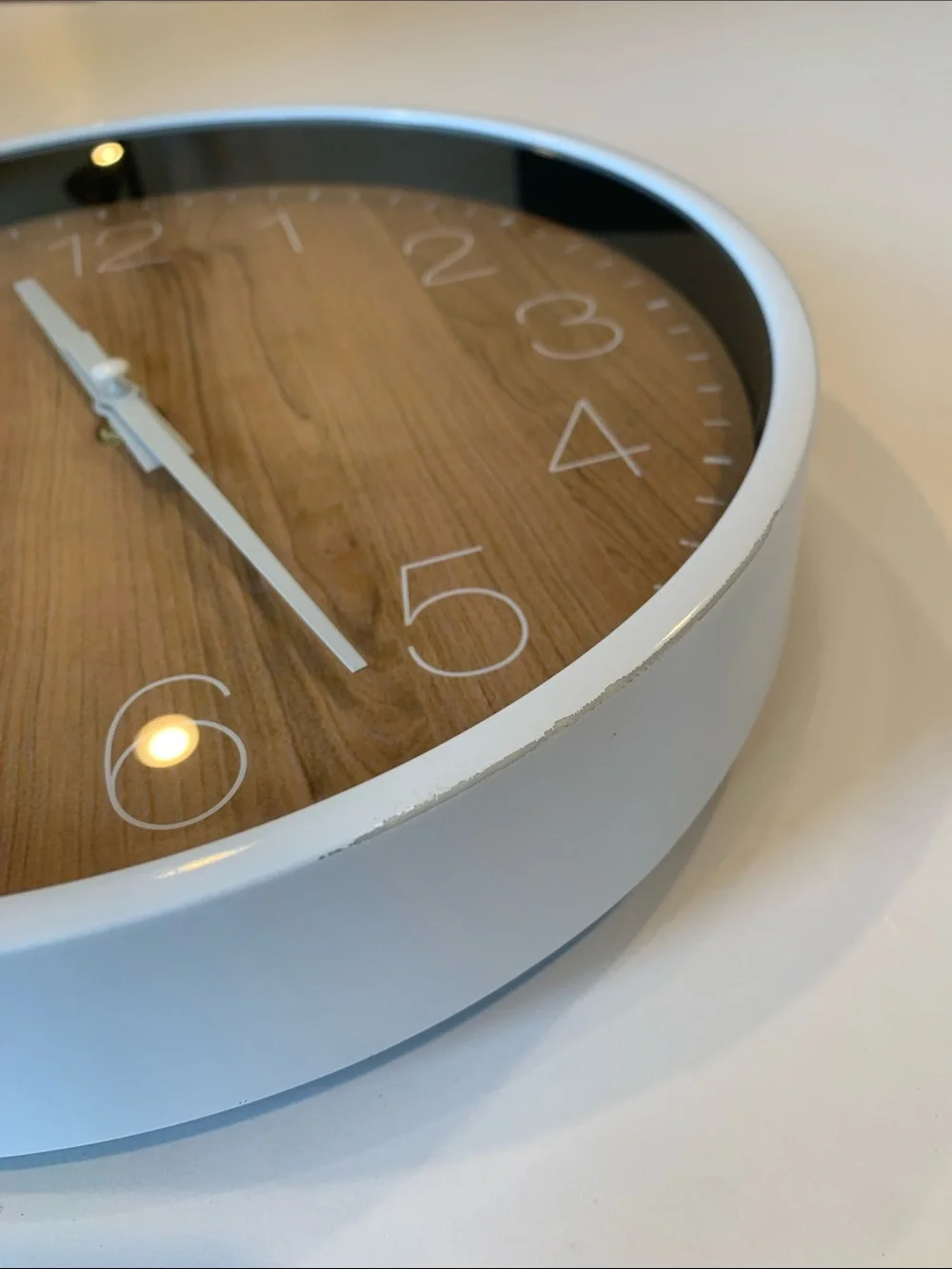 Non-Ticking Round Wall Clock Faux Wood Grain Quartz Battery Operated White Rim